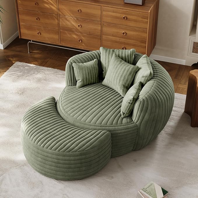 50 Oversized Chaise Lounge Indoor Round Reading Chair Lounge Chair with Ottoman Boneless Sofa Bed Large Fluffy Plush Corduroy Chaise Chair for Living Room Playroom Bedroom Green