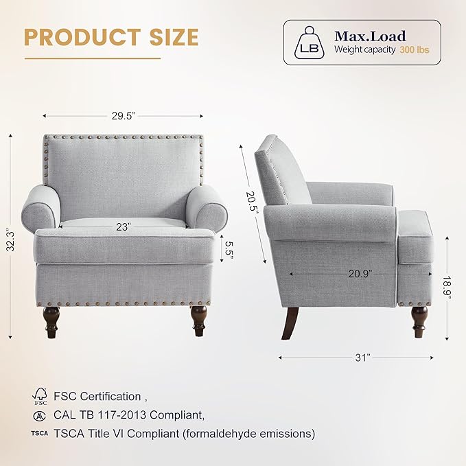 Accent Chair Retro Living Room Chairs with Soft Cushion Mid Century Modern Arm Chair Comfy Upholstered Reading Sofa Chair Grey
