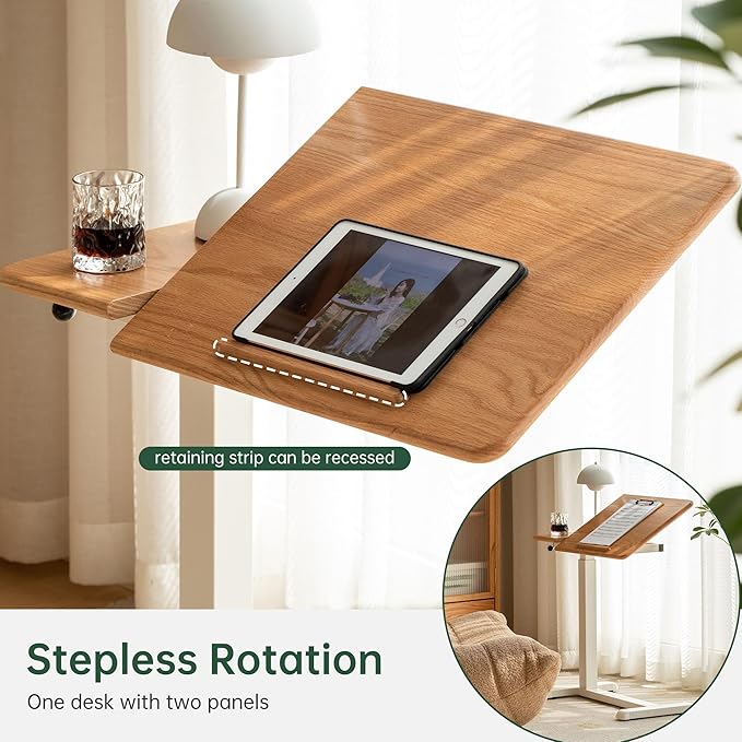 Height Adjustable Bedside Desk 100% Solid Wood Overbed Table with Wheels Rolling Laptop Table for Home Office Study Bedroom