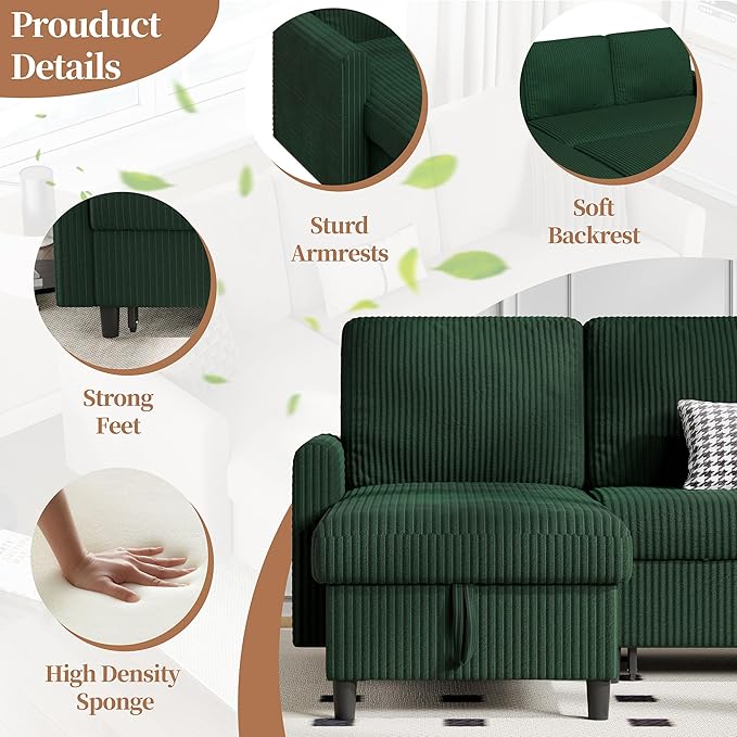 Walsunny Sectional Sofa Couch L Shaped Sleeper Sofa Bed Pull Out Bed with Storage Reversible Sectional Couches for Living Room Apartment Office(Green)