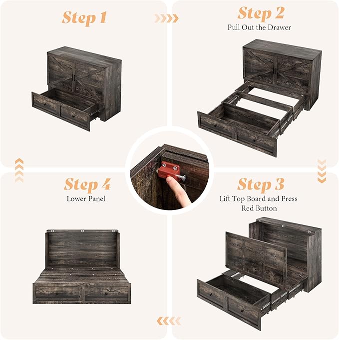 AMERLIFE Full Murphy Bed Cabinet with Charging Station and Storage Farmhouse Foldable Platform Bed for Guest Room Office Small Spaces Black Oak