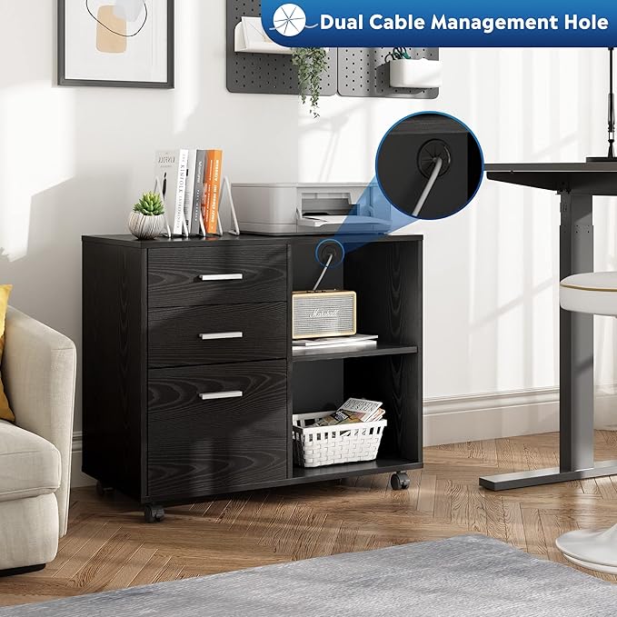 3 Drawer Wood File Cabinet Mobile Lateral Filing Cabinet Printer Stand with Open Storage Shelves for Home Office Black