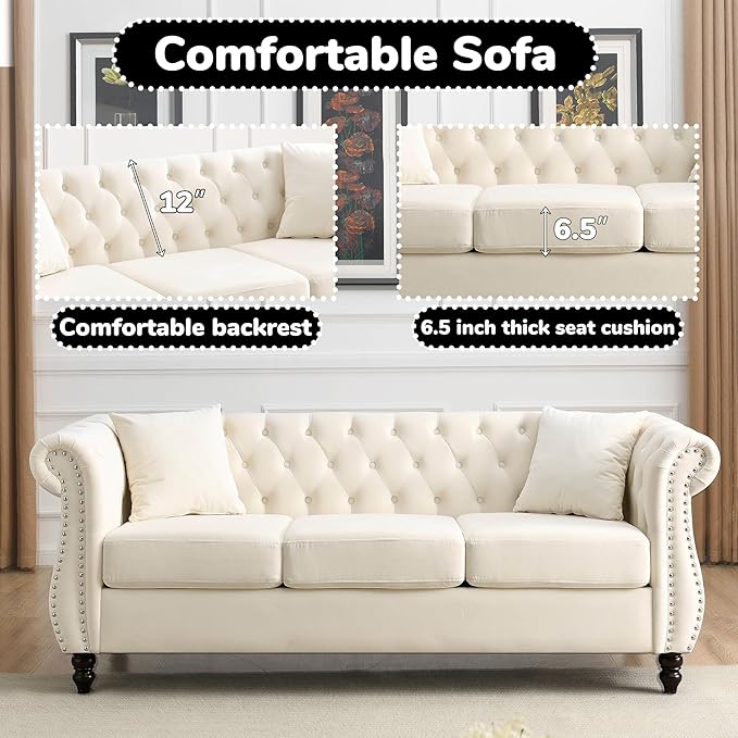 2 Piece Modern Beige Velvet 80 3-Seater Sofa Sets Upholstered Tufted Backrests with 8 Rolled Nailhead Arms Combination Couch with 4 Pillows for Living Room