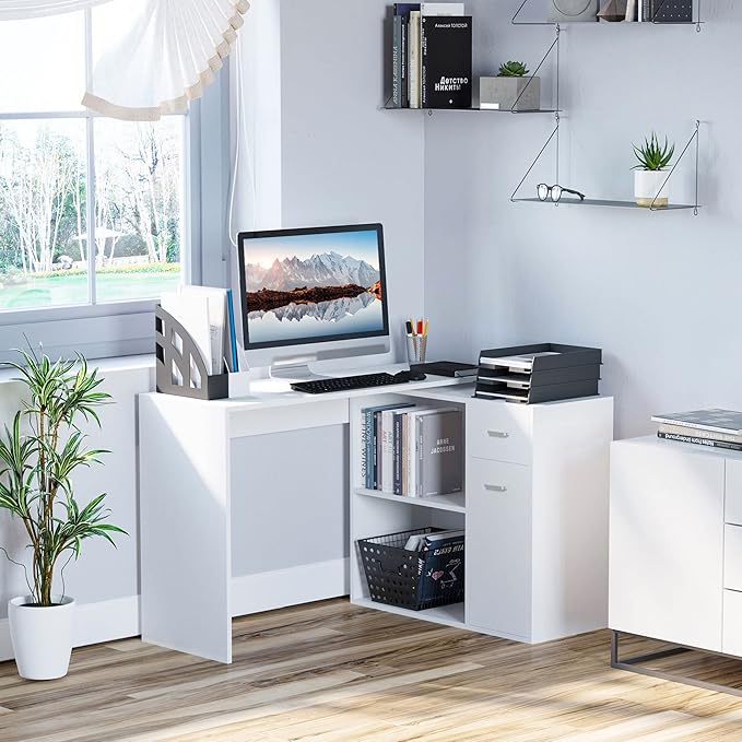 HOMCOM L Shaped Computer Desk 180° Rotating Corner Desk with Storage Shelves Drawer and Cabinet Study Workstation for Home Office White