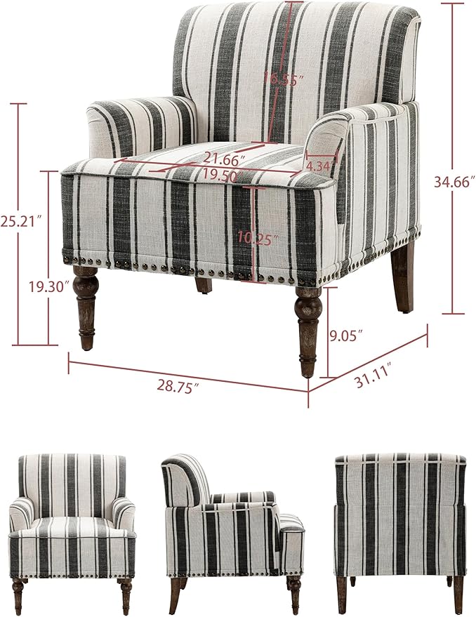 Accent Chair Mid Century Modern Comfy Armchair for Living Room Linen Fabric Single Sofa Lounge for Reading Bedroom Apartment Waiting Room with Wood Legs (Black Stripe Set of 1)