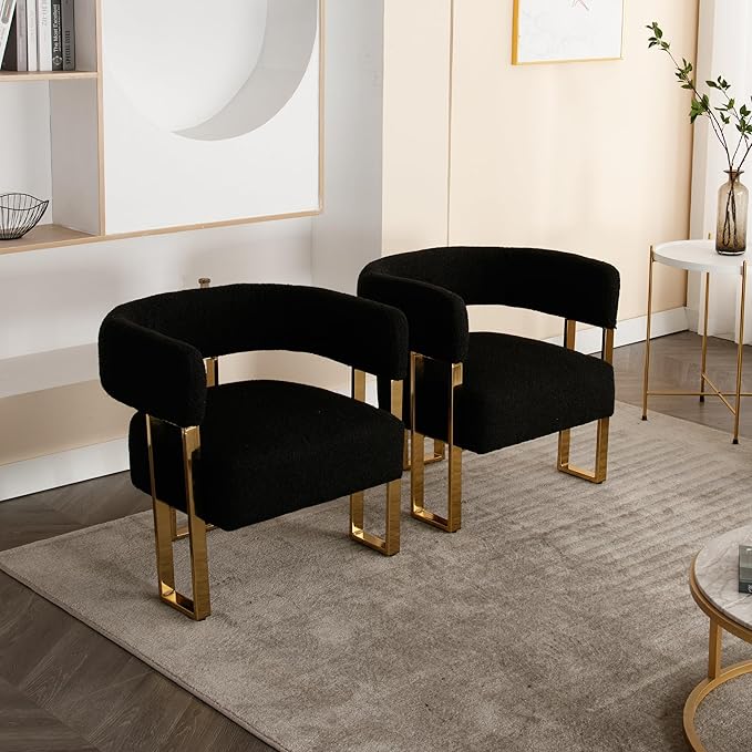 Modern Barrel Accent Chair with Golden Metal Legs Soft Sherpa Upholstered Reading Armchair Boucle Living Room Side Chair for Bedroom/Reception Room/Lounge/Office Black
