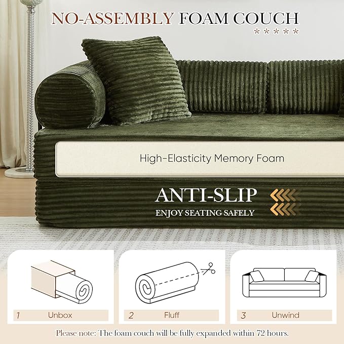 Modular Couch Bed Convertible Folding Plush Corduroy Comfy Floor Memory Foam Compression Loveseat Sleeper Sofa Couch King Size Bed for Guest Room Living Room Bedroom No Assembly Required Green