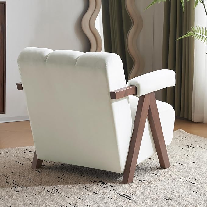 Mid Century Modern Accent Chair with Solid Wood e Upholstered Living Room Chairs with Thick Cushion Comfy Tufted Arm Chair for Bedroom Living Room Velvet Ivory