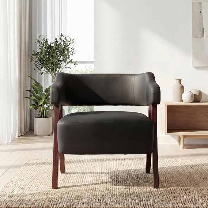 STHOUYN Leather Accent Chairs Barrel Chair with Solid Wood Frame Mid-Century Modern Wooden Armchair with Wraparound Back Comfy Office Reading Chair for Living Room Bedroom (1 Black)