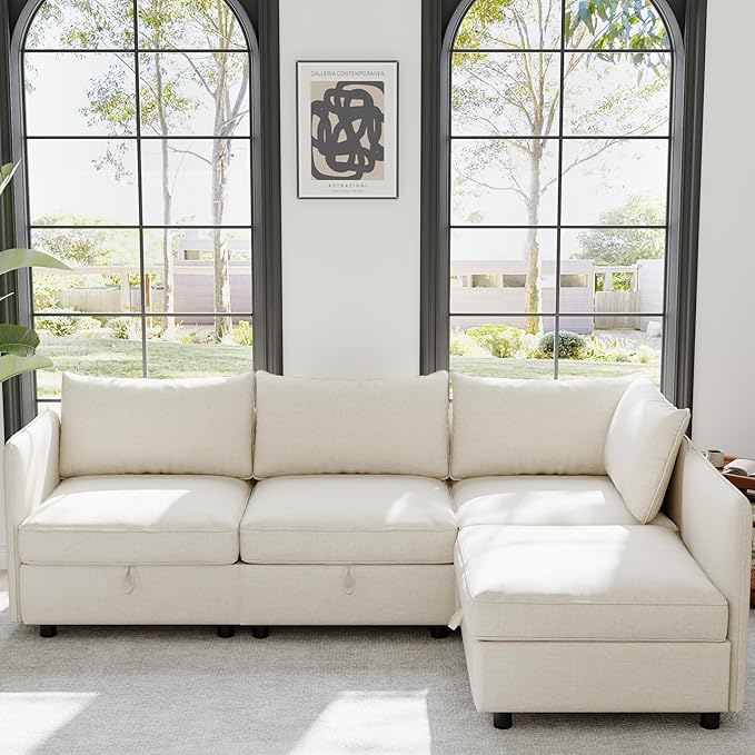 Oversized Modular Storage Sectional Sofa Customizable Seating Group Sofa&ampCouch Convertible Lounge Sleeper Chaise Daybed with Movable Seat L-Shaped Chenille Upholstered Sofa Couch for Living Room