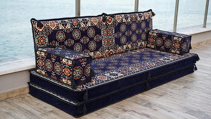 arabicsofa 8'' Thickness Navy Blue Floor Seating Set Sofa Bed Pallet Sofa Floor Cushions Sectional Sofa Arabic Majilis Ottoman Couch Arabic Jalsa