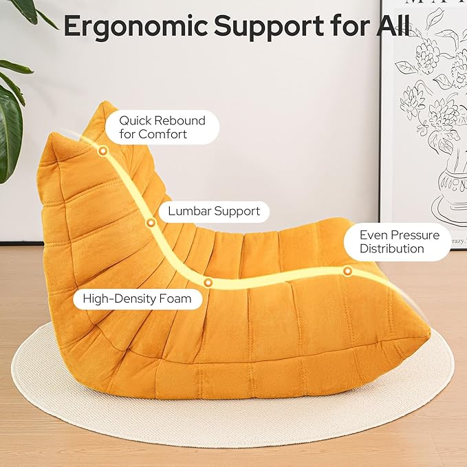 High-end Togo Bean Bag Chair Fireside Chair with Yellow Suede Fabric Cover Comfy &amp Soft Lazy Floor Lounge Sofa for Bedroom Living Room Office or Salon