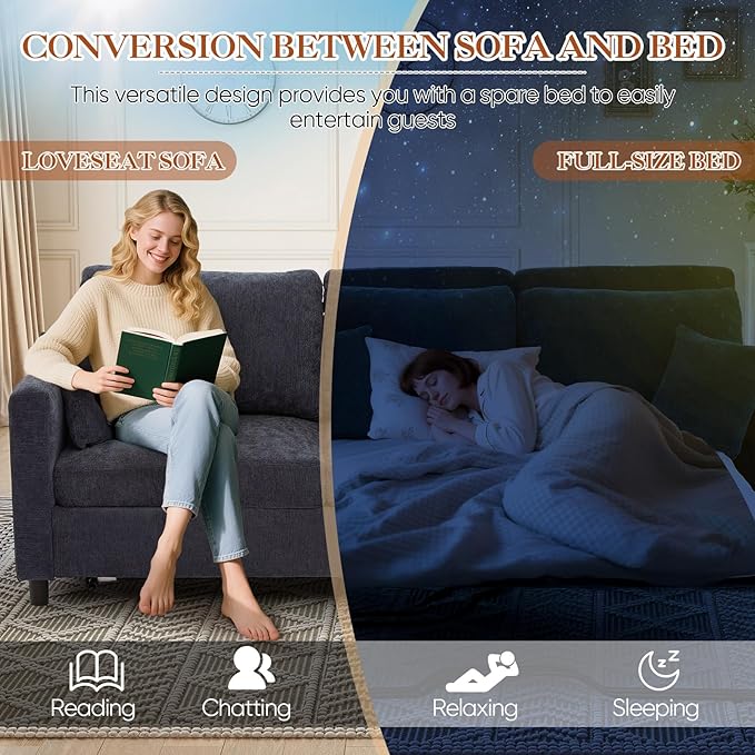 Antetek 72-inch Pull Out Sofa Bed with Mattress Convertible 2-in-1 Folding Full Size Chenille Futon Comfy Loveseat Sleeper Sofa Couch Bed with Square Arms for Guest Room Living Room Bedroom Grey