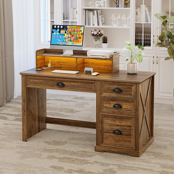 Computer Desk with Monitor Stand 47 in Farmhouse Home Office Desk with LED Lights Power Outlets Executive Desk with Storage for Working Gaming Study Writing Table for Bedroom Walnut