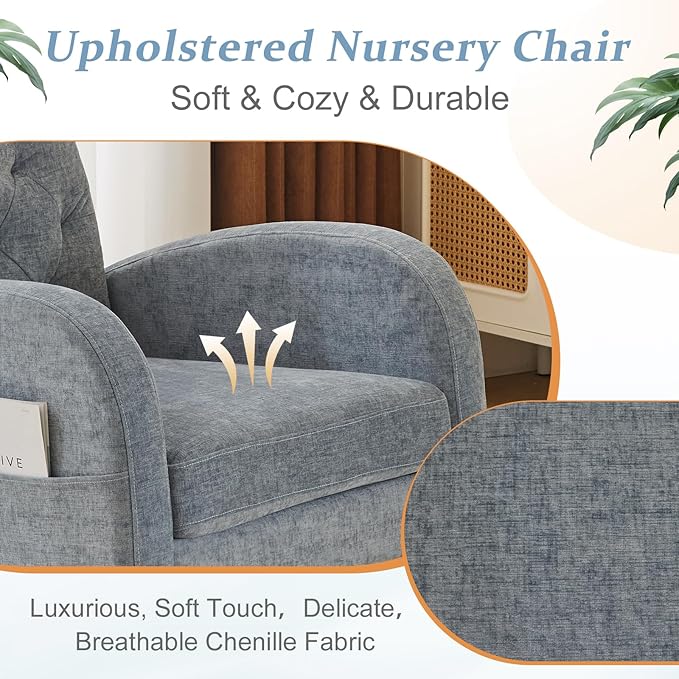 VINGLI Chenille Low Seat Nursery Rocking ChairUpholstered Comfy Rocker Glider Chair with Side Pockets Accent Arm Chair with High BackrestSolid Wood Base for Living Room Bedroom BalconyBlue