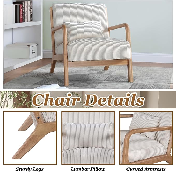Modern Accent Chairs with Waist Cushion Comfy Upholstered Chair Living Room Corduroy Reading Chair with Solid Wood Frame Side Chairs for Living Room Bedroom Sunny Room Balcony (White)