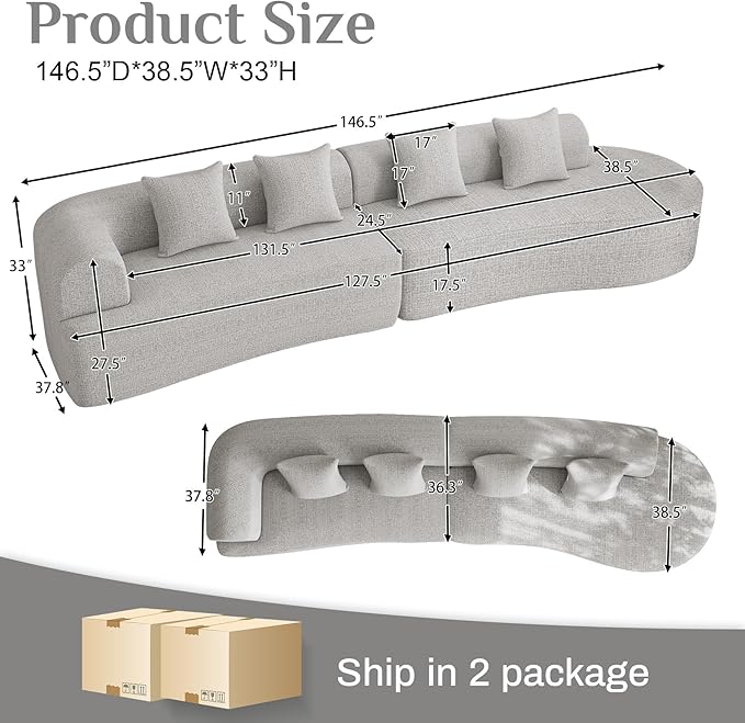 147 Oversized Sectional Sofa for Living Room Large Modern Chenille Curved Cloud Couch Luxury Plush 6-Seater Extra Deep Seat Boucle Boneless Couch No Assembly Required Beige White
