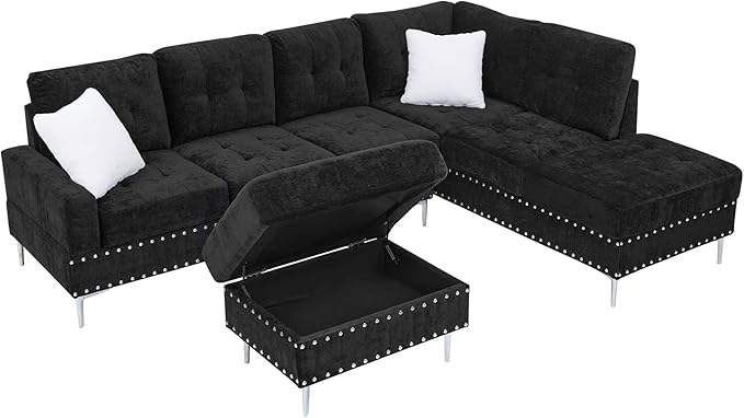 ERYE 102-Inch L-Shaped Corner Sectional Sofa Chenille Upholstered Tufted Corner Sofa Couch with Storage Ottoman and Nailhead DecorModern L-Shaped Convertible Couches