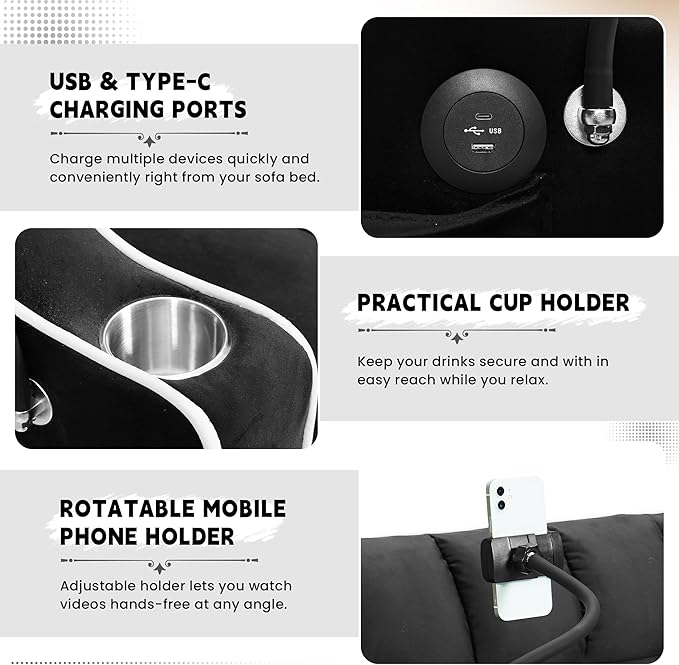 TTK 3-in-1 Convertible Velvet Sleeper Sofa Bed Pull-Out Loveseat with Adjustable Backrest USB Port &amp 2 Pillows Swivel Phone Stand &amp Storage Pockets Modern Futon Couch for Living Room Blac