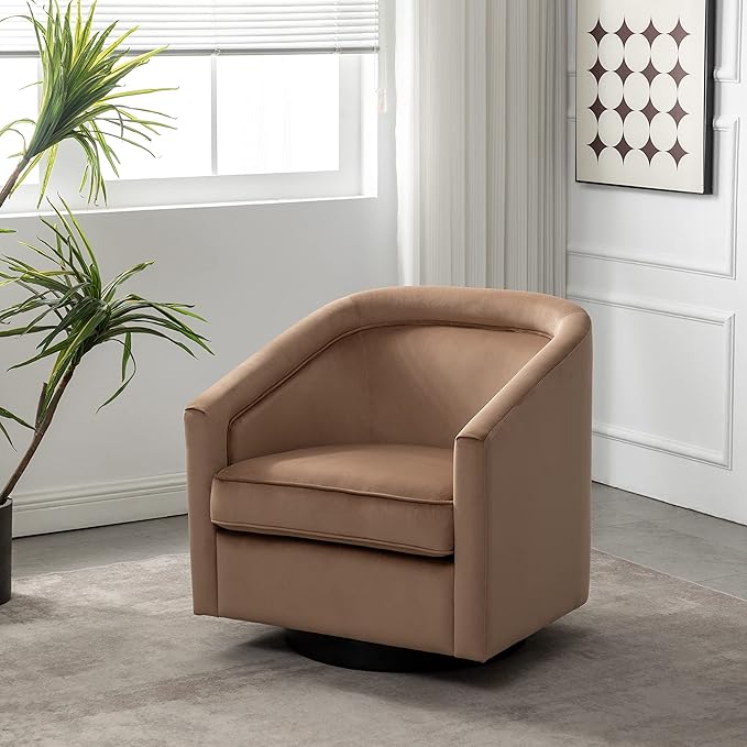 Wovenbyrd Classic Mid-Century 360-degree Swivel Barrel Accent Chair Light Brown Velvet