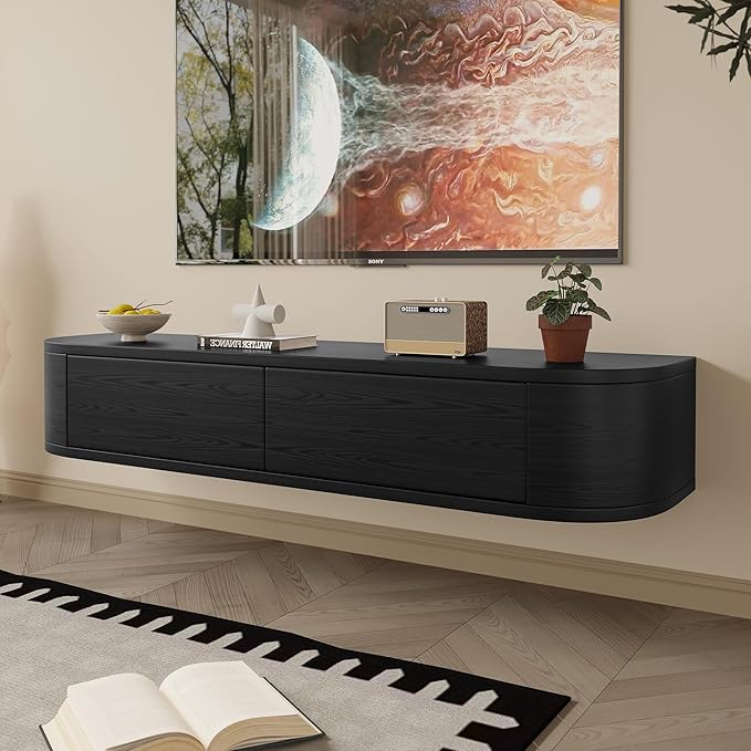 Maggym 47 Wall-Mounted TV Stand with Side-Opening Storage Modern Engineered Wood Floating Media Console with Drawers and Open Shelf