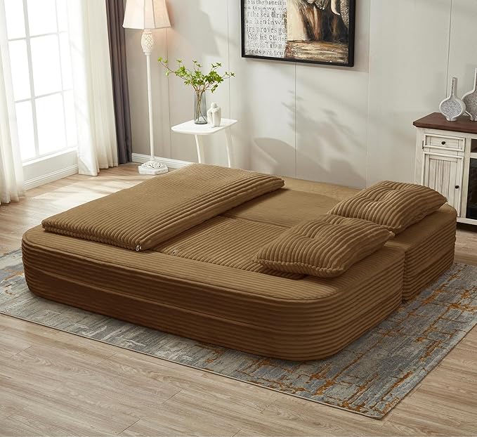 Sleeper Sofa with Chaise Lounge Convertible Sectional Couch Bed Plush Corduroy 3-Seat Sofa with Blanket Deep Seat King Size Sleeper for Small Apartment No Assembly Required (Camel)