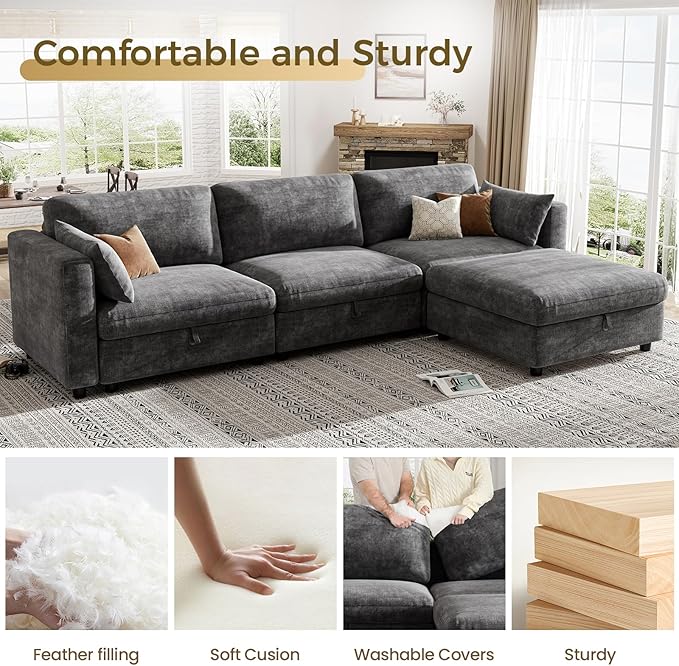 KKL Modular Sectional Couches for Living Room U Shaped Sofa Couch with Adjustable Backrest Chenille 6 Seater Sofa Couch with Convertible Ottoman and Comfy Cushion Grey