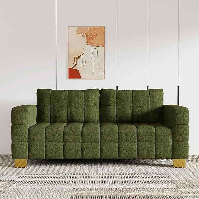 81.89 Sofa Comfy 3 Seat Sofa Tufted Chenille Upholstered Sofa Couch for Living Room with Gold Metal Legs and 2 Throw Pillows (Green-N)