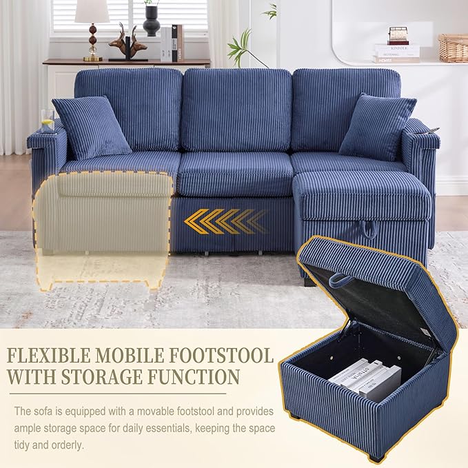L-Shaped Sectional Sofa with Storage &amp Movable Ottoman Corduroy 3 Seater Sectional Couch with USB Charging Cup Holder &amp LED Light Couches for Living Room (Navy 76.38)