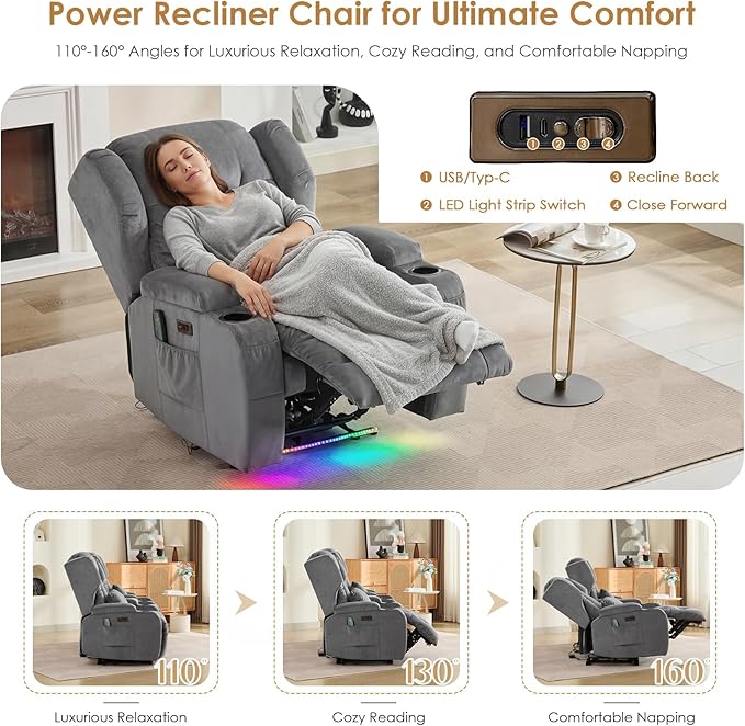 SAMERY Power Recliner Chair Set of 2 Electric Wall Hugger Recliners with Massage &amp Heat Comfy Reclining Sleeper Chair Movie Sofa Home Theater Seat with Cup Holders/USB Port/LED Light/Lumbar Pill