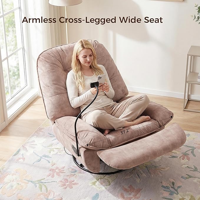Swivel Rocker Recliner Chair for Adult Glider Nursery Rocking Chair Armless Single Recliner Sofa for Living Room Oversized &amp Overstuffed Phone Holder Included Brown