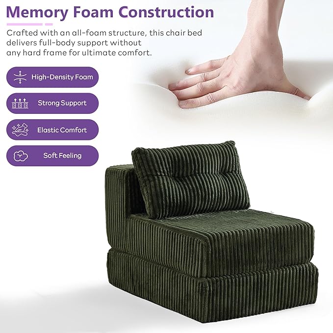 TYBOATLE Folding Sofa Bed Convertible Sleeper Chair with Back Support and Pillow Fold Out Floor Chair Bed Comfy Foldable Mattress Futon Couch for Living Room Bedroom (Forest Green Single Seat)