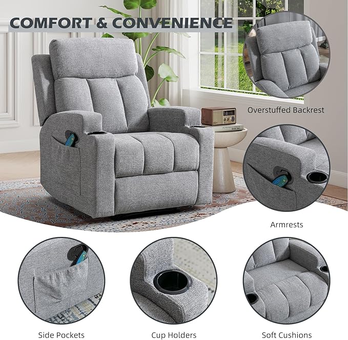 1PCS Fabric Manual Recliner Chair for Adults Comfy Reclining Chairs with Overstuffed Arm and Back Single Sofa for Living Room (1 Fabric Light Grey)