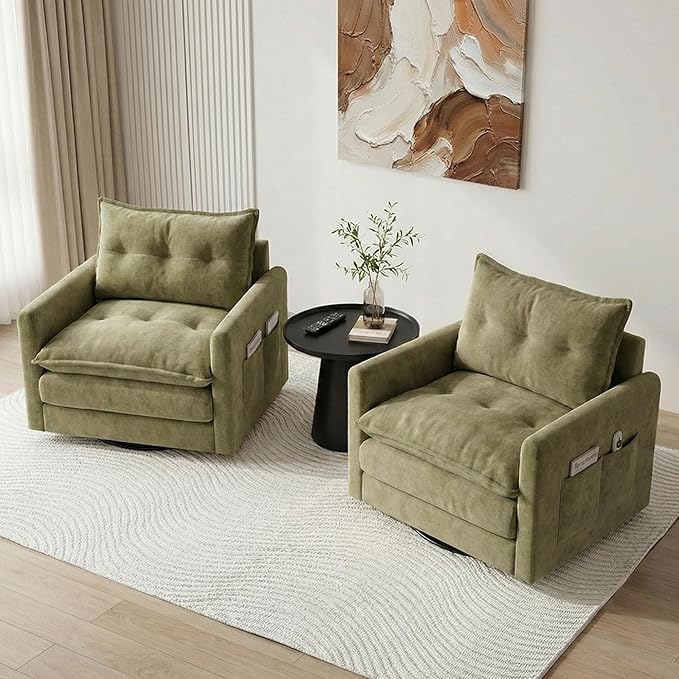 Square Swivel Chairs Set of 2Plush Chenille Upholstered Accent Club Chair with Arms360°Rotation Armchair for ReadingModern Single Cloud Sofa Chair for Living Room (2 Olive Green)
