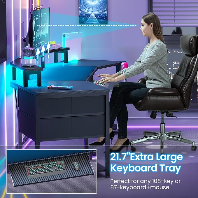 Itaar 79 Gaming Desk with 2 Fabric Drawers Long Computer Desk with Power Strip &amp LED Lights U Shaped Desks with Storage and Cup Holder Large Gaming Table for Bedroom Carbon Fiber Black