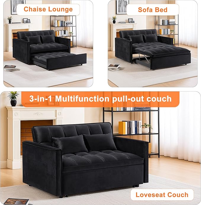 Sleeper Sofa Couch with Pullout Bed 54'' Velvet Futon Loveseat Sofa 3-in-1 Convertible Love Seat Couch for Living Room Apartment Chair Bed Sleeper for Adults (Black)