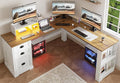 L Shaped Desk with Monitor Stand Farmhouse Computer Desk with Led Light and Power Outlet Executive Desk for Home Office Room Workstation with File Cabinet for Working Gaming Antique White