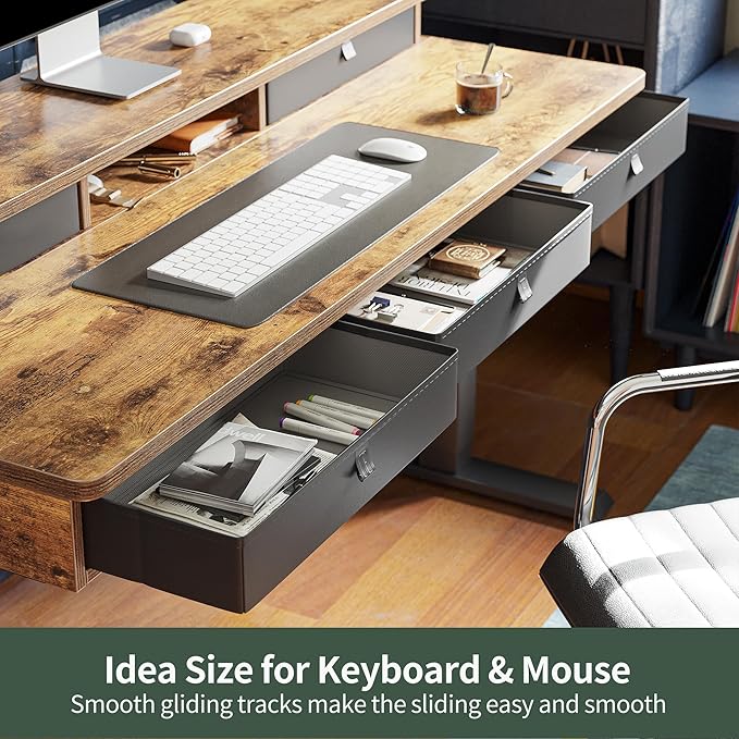 FEZIBO Height Adjustable Electric Standing Desk with 5 Drawers 55 x 24 Inch Table with Storage Shelf Sit Stand Desk Black Frame/Rustic Brown Top 55 inch