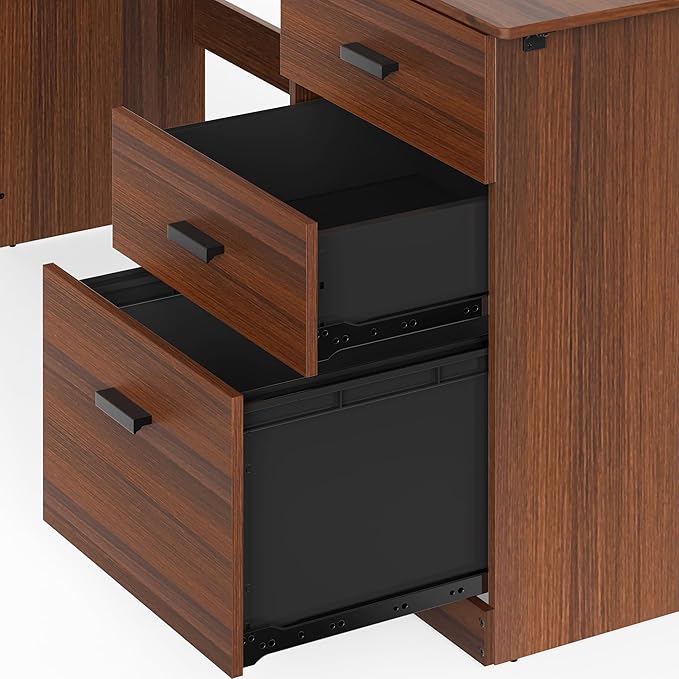 SHW 51 x 59 Inches L-Shaped Home Office Wood Corner Desk with Box Box File Drawers Walnut