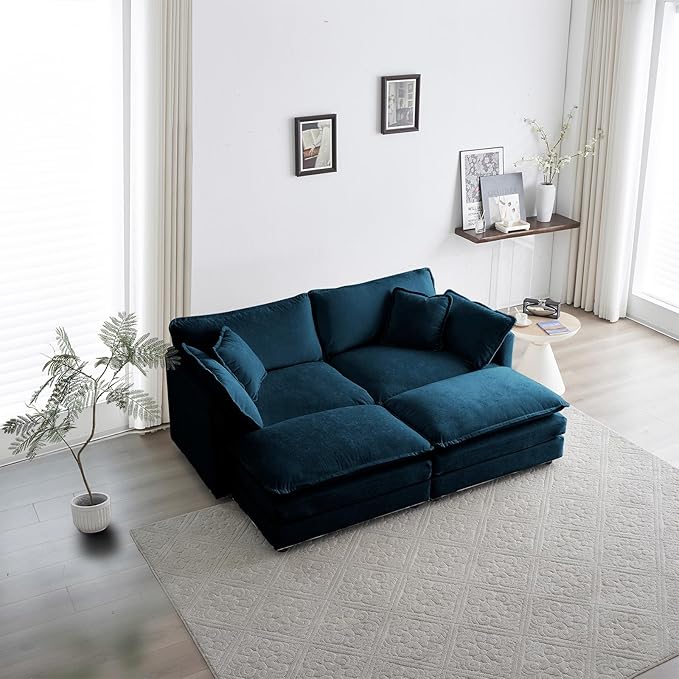 76.7 Modular Sectional Sofa U Shaped Deep Seat Cloud Couch with OttomanConvertible 2-Seater Comfy Chenille Upholstered Sofa Set for Living Room Apartment Studio – Blue