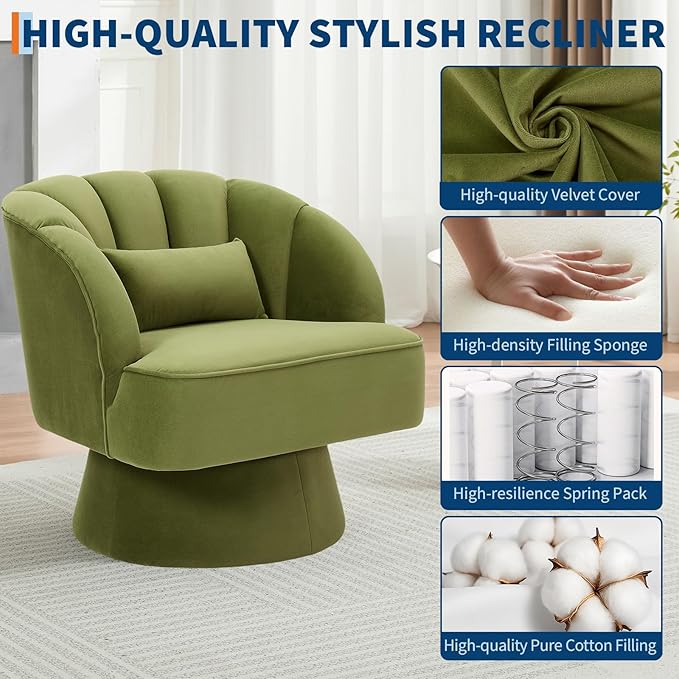 Comfy Comfort Swivel Barrel Accent Chair - Modern 360° Lounge Armchair with Striped Backrest Upholstered for Living Room or Bedroom - Soft | Green