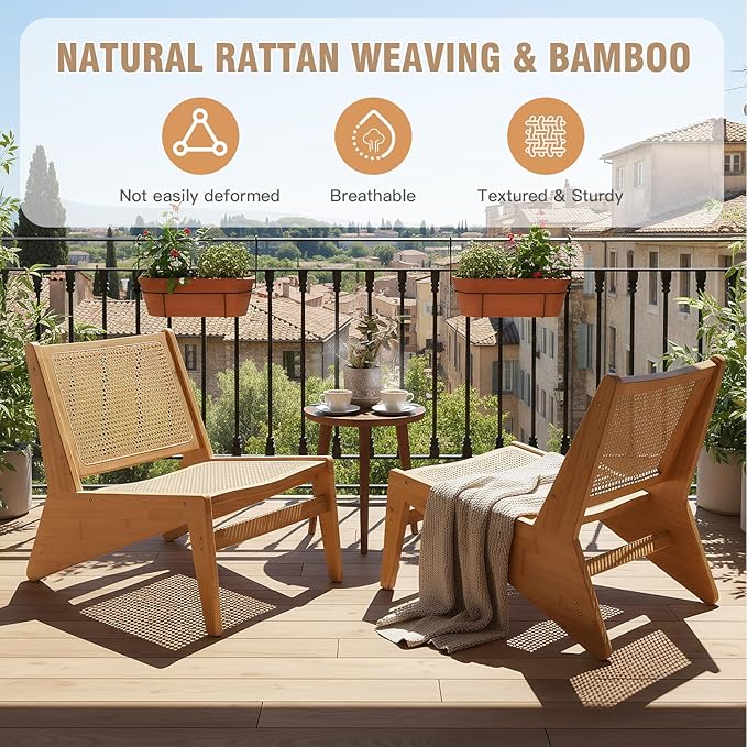 Welnow 2-Pcs Mid Century Rattan Accent Chair Bamboo Wood Lounge Chair with Woven Cane Backrest Low Armchair for Living Room Bedroom Balcony or Reading Corner Natural