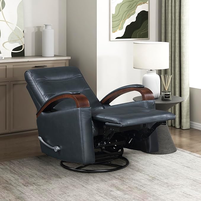 Lexicon 360 Degree Swivel Glider Reclining Chair Breathable Faux Leather Manual Recliner Comfy Nursery Glider Recliner Swivel Reclining Chair for Living Room/Office/Bedroom/Apartment Dark Blue