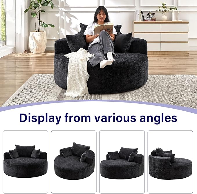 55''L Chenille Sponge Single SofaOversized Round ChairFluffy Modern Sleeper Chair for Living Room Lounge and Projection RoomWide Armrest Lounge Chairs Armchair with Pillow Black