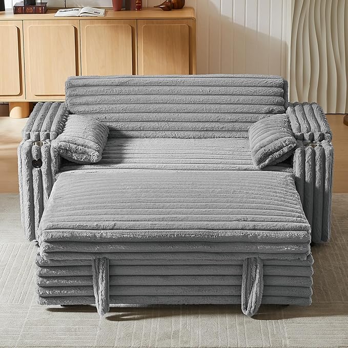 68 Corduroy Convertible Sofa Bed with USB Storage Armrests &amp Pillows – 3-in-1 Foldable Sleeper Chair Floor Couch for Living Room Bedroom Guest Room (ZY-1109-Light Gray)