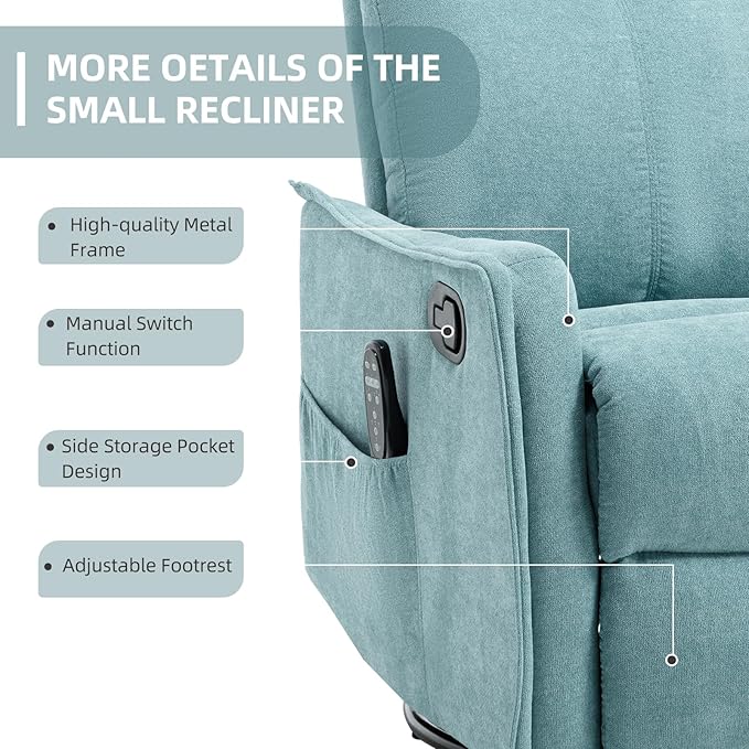 PELUMY 360 Swivel Rocking Recliner Chair for Adults Nursery Rocking Chair with Heat and Massage Glider Reclining Chair for Small Space Living Room Bedroom (Teal)