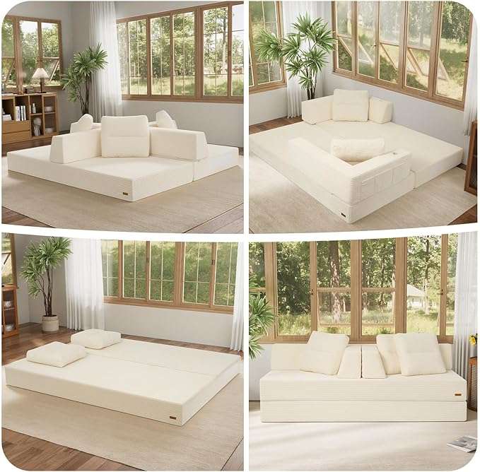COMAX Futon Sofa Bed Queen 79 Convertible Sofa Bed Couches for Living Room 4 in 1 Folding Boneless Sleeper Corduroy Couch Loveseat Foam In a Box Comfy Foldable Lounge Fold Out Floor Mattress Beige