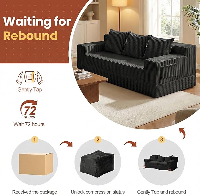 Boneless Couch 78 Inch 2 in 1 Convertible Sofa Bed Corduroy 3 Seater Fold Out Couch Oversize Boneless Loveseat Sleeper Sofa with 3 Pillows for Living Room Bedroom &amp Apartment