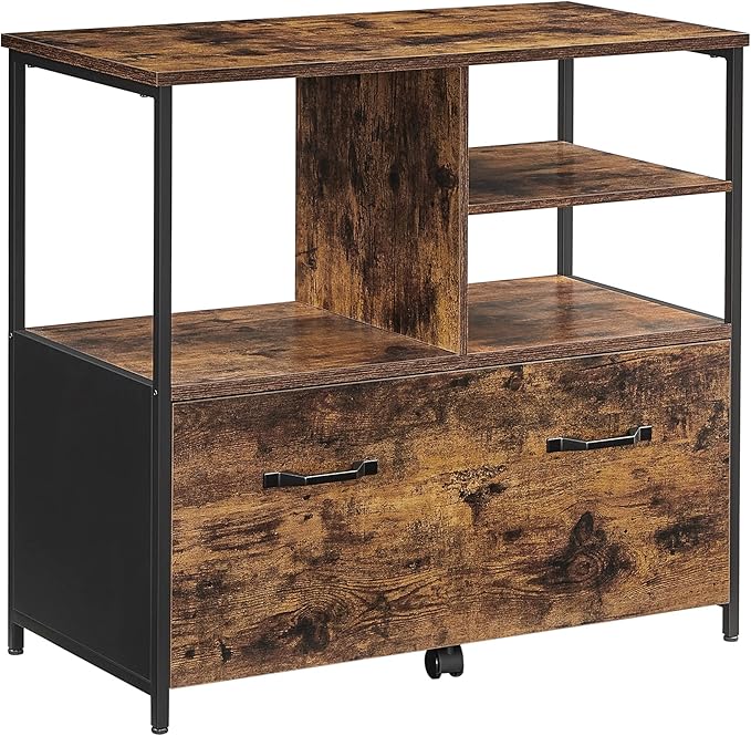 VASAGLE Lateral File Cabinet for Home Office Filing Cabinet with Open Shelves and Drawer for A4 Letter and Legal Sized Documents Printer Stand Rustic Brown and Ink Black UOFC043B01