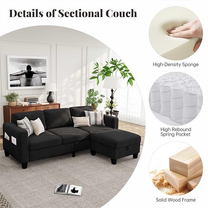 Velvet Small Sectional Couch L Shaped Sectional Black Couch in a Box Small Couches with Ottoman 3 Seater Sofa for Living Room Apartment Dorm Office